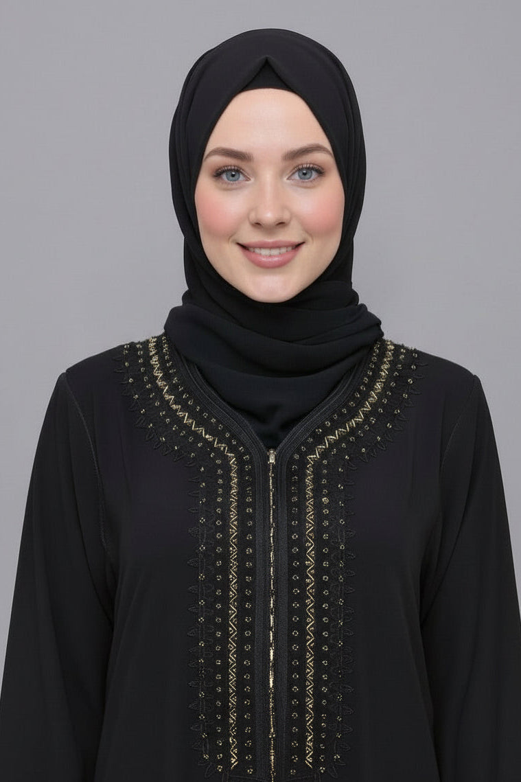 Gandoura Noire Premium – Broderies Dorées & Finitions Perlées