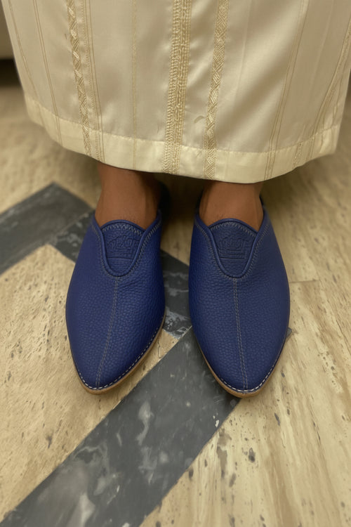 Babouche Homme en Cuir Bleu Profond – Élégance Artisanale