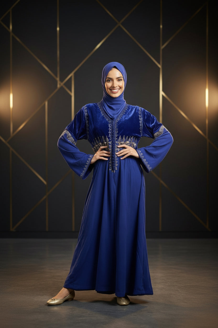 Gandoura Femme Bleu Royal – Broderie Dorée Élégante & Coupe Fluide