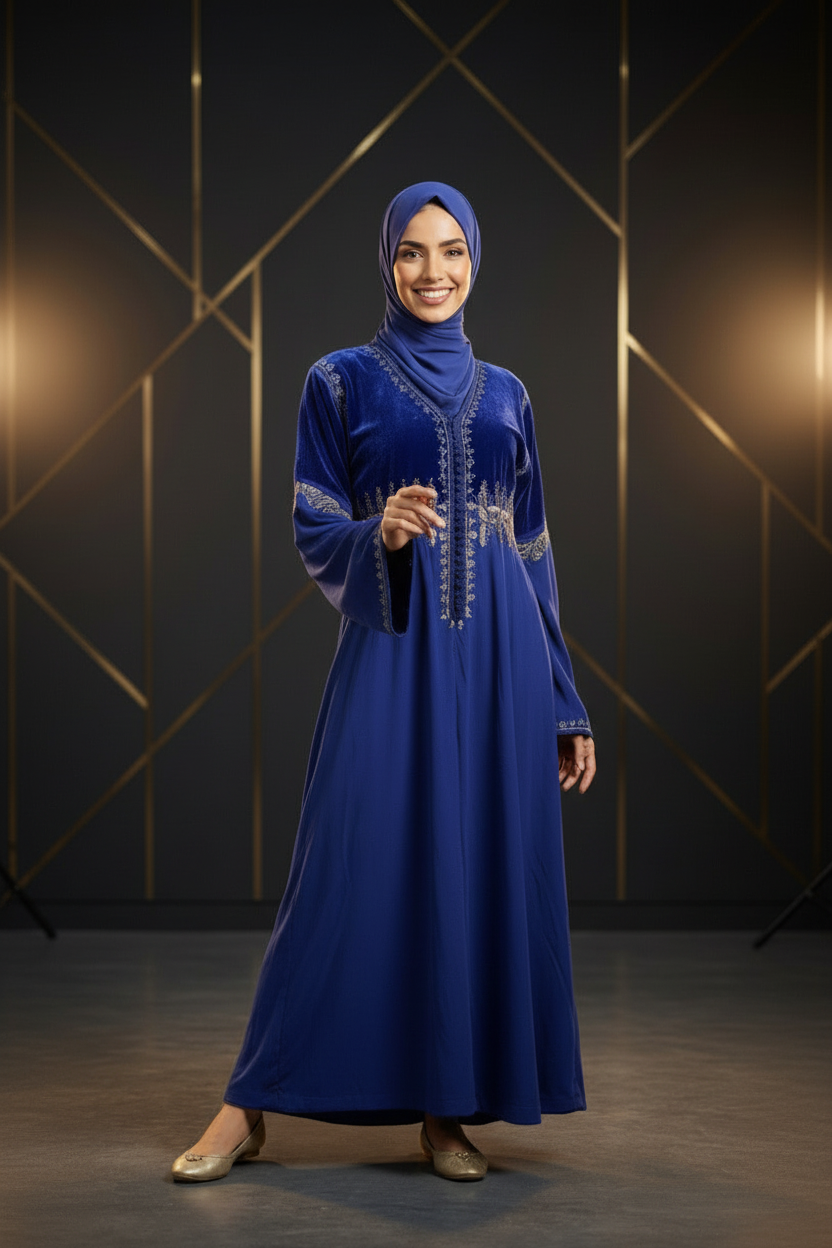 Gandoura Femme Bleu Royal – Broderie Dorée Élégante & Coupe Fluide