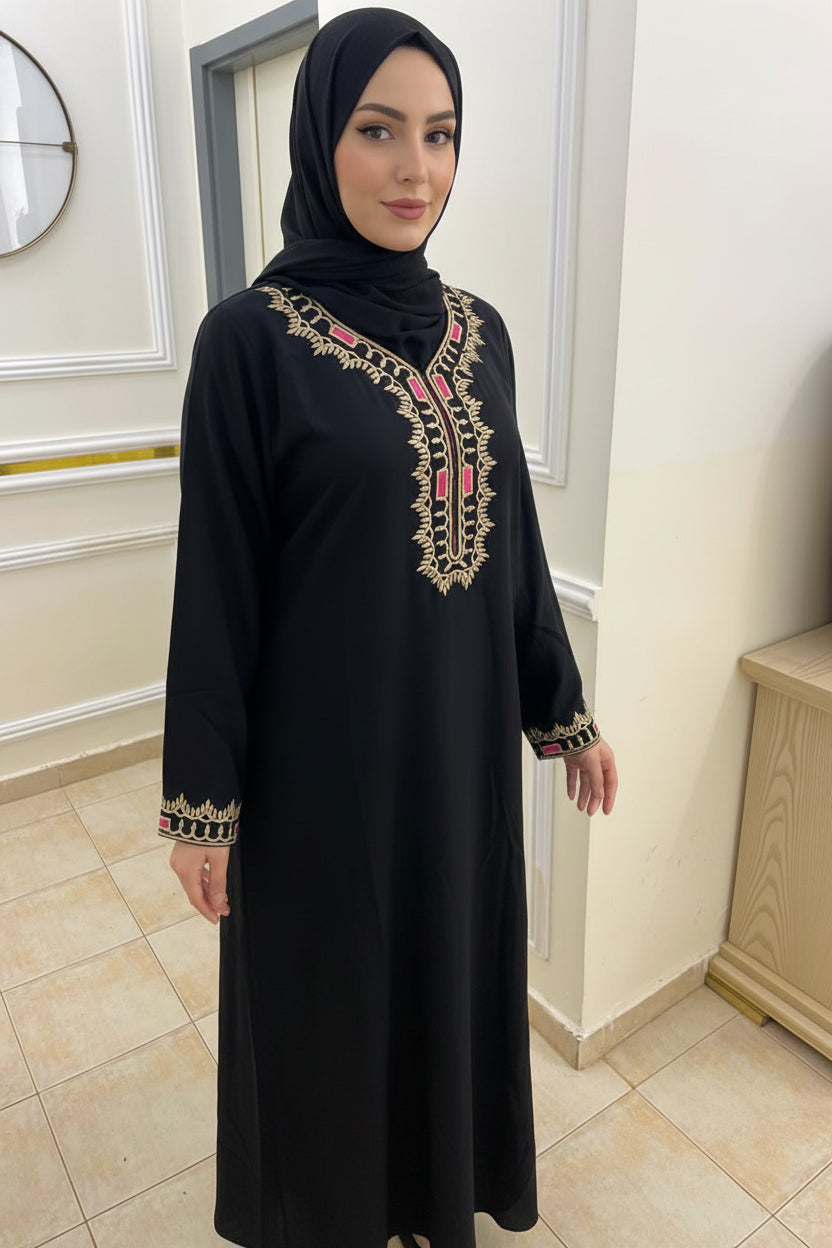 Gandora noire dorée à manches longues – broderies dorées et roses