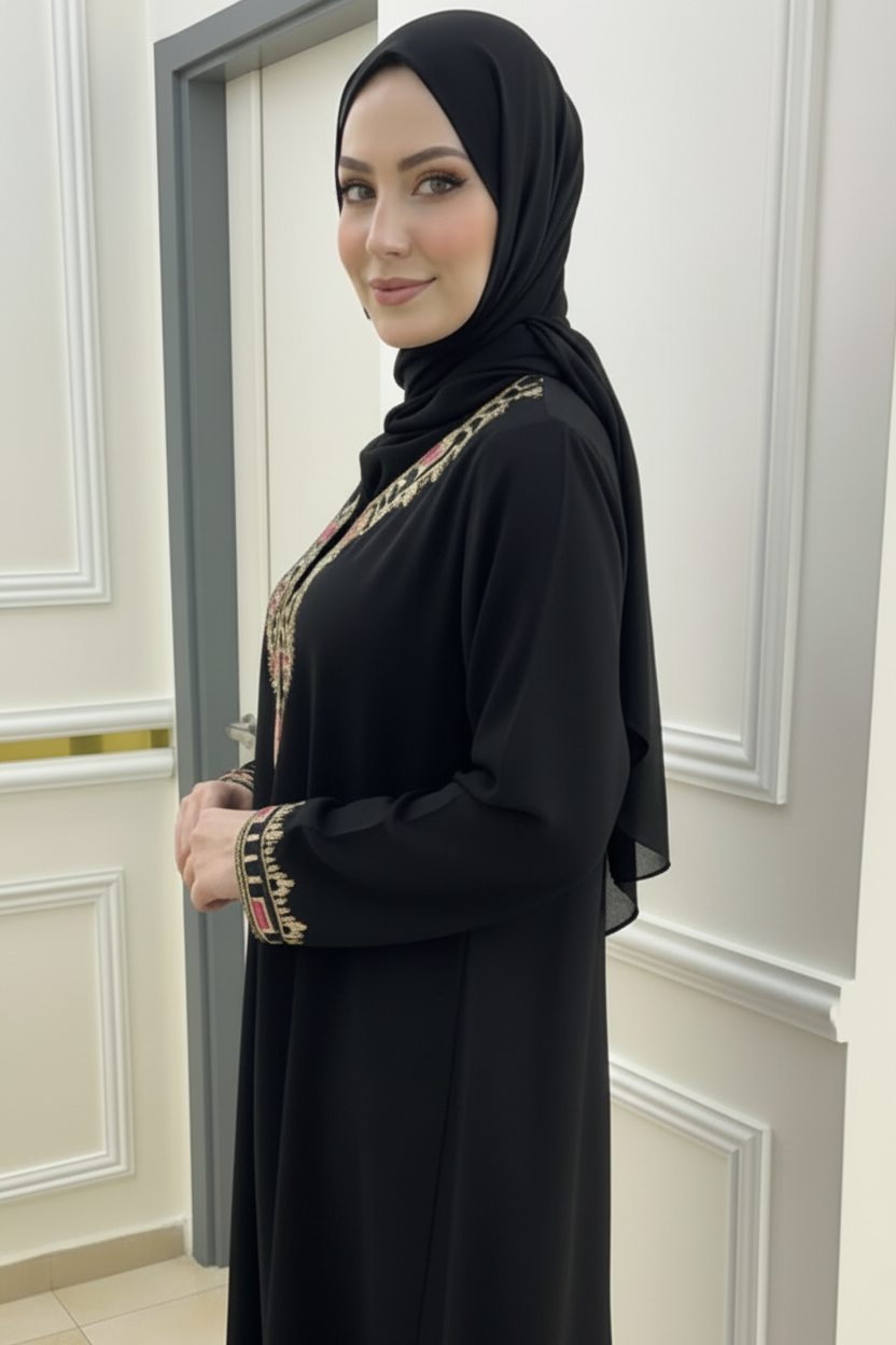 Gandora noire dorée à manches longues – broderies dorées et roses