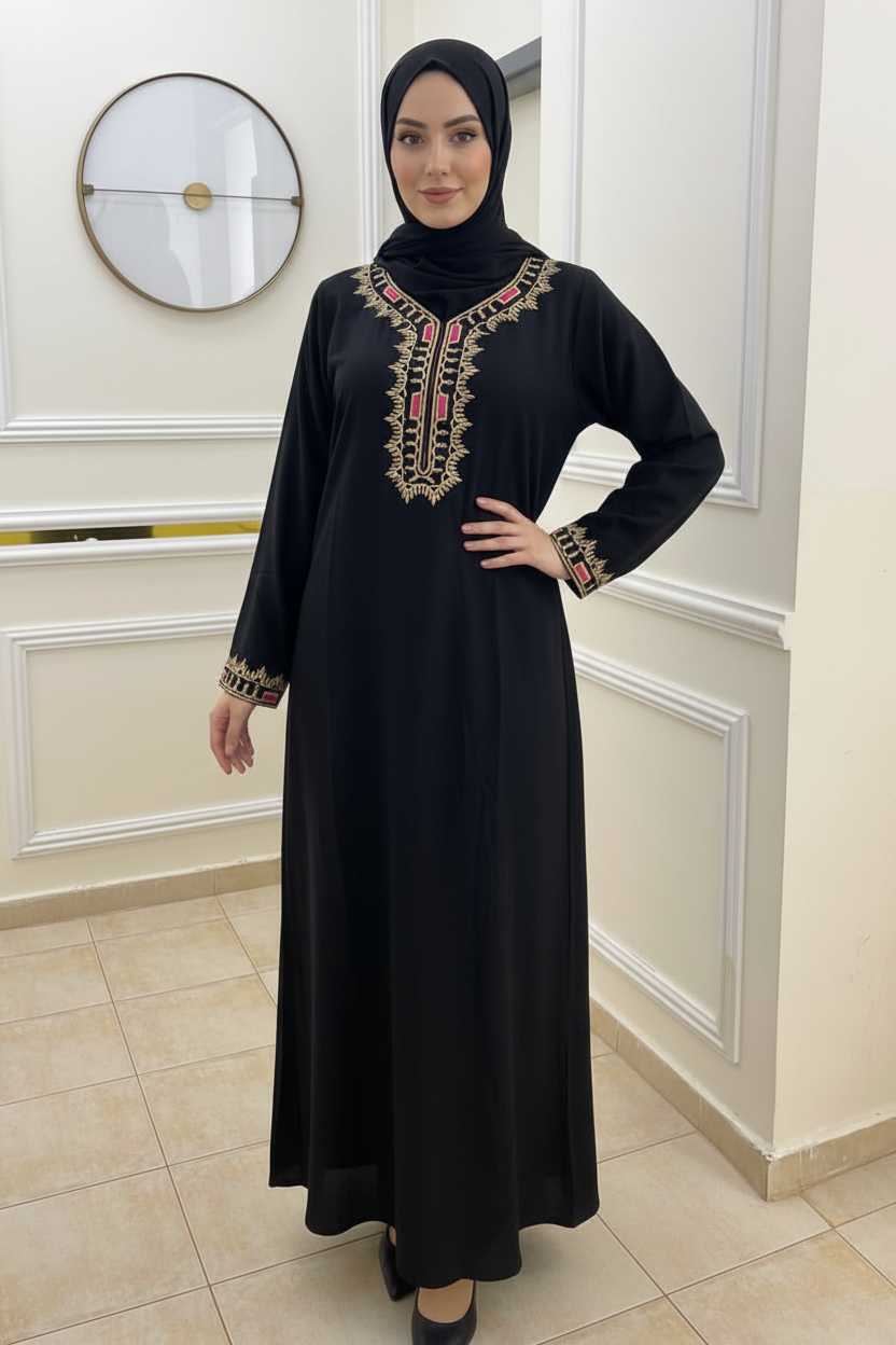 Gandora noire dorée à manches longues – broderies dorées et roses