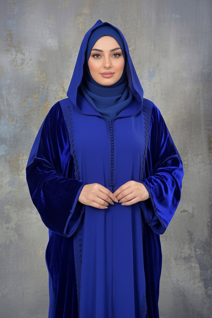 Djellaba Femme Bleu Royal – Crêpe & Velours avec Capuche