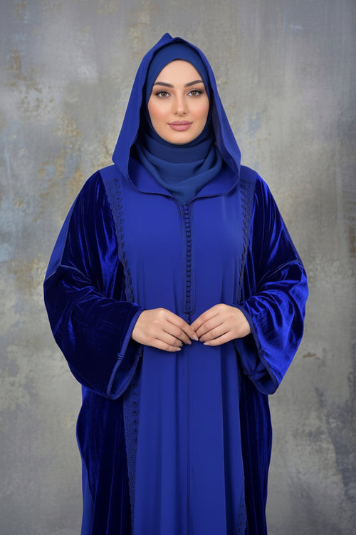 Djellaba Femme Bleu Royal – Crêpe & Velours avec Capuche