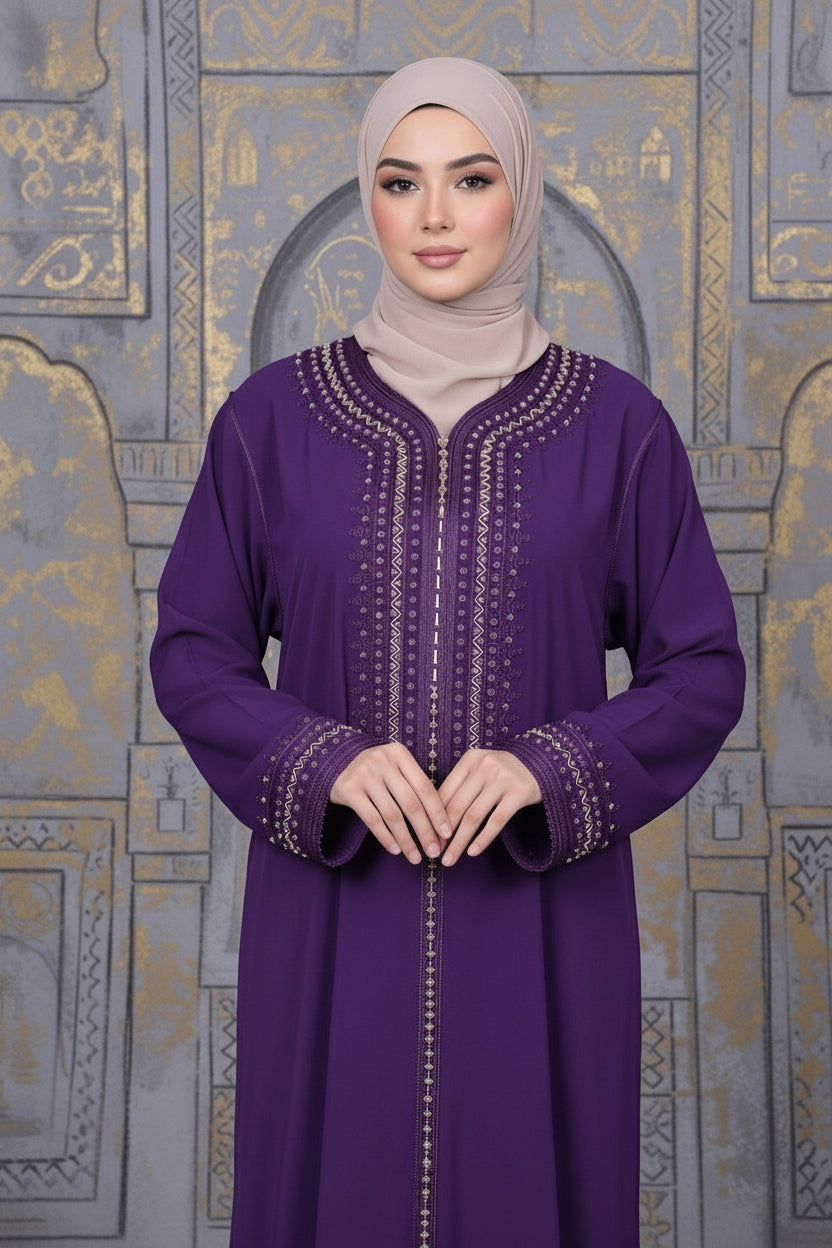 Gandoura Femme Violette Brodée – Coupe Droite Élégante