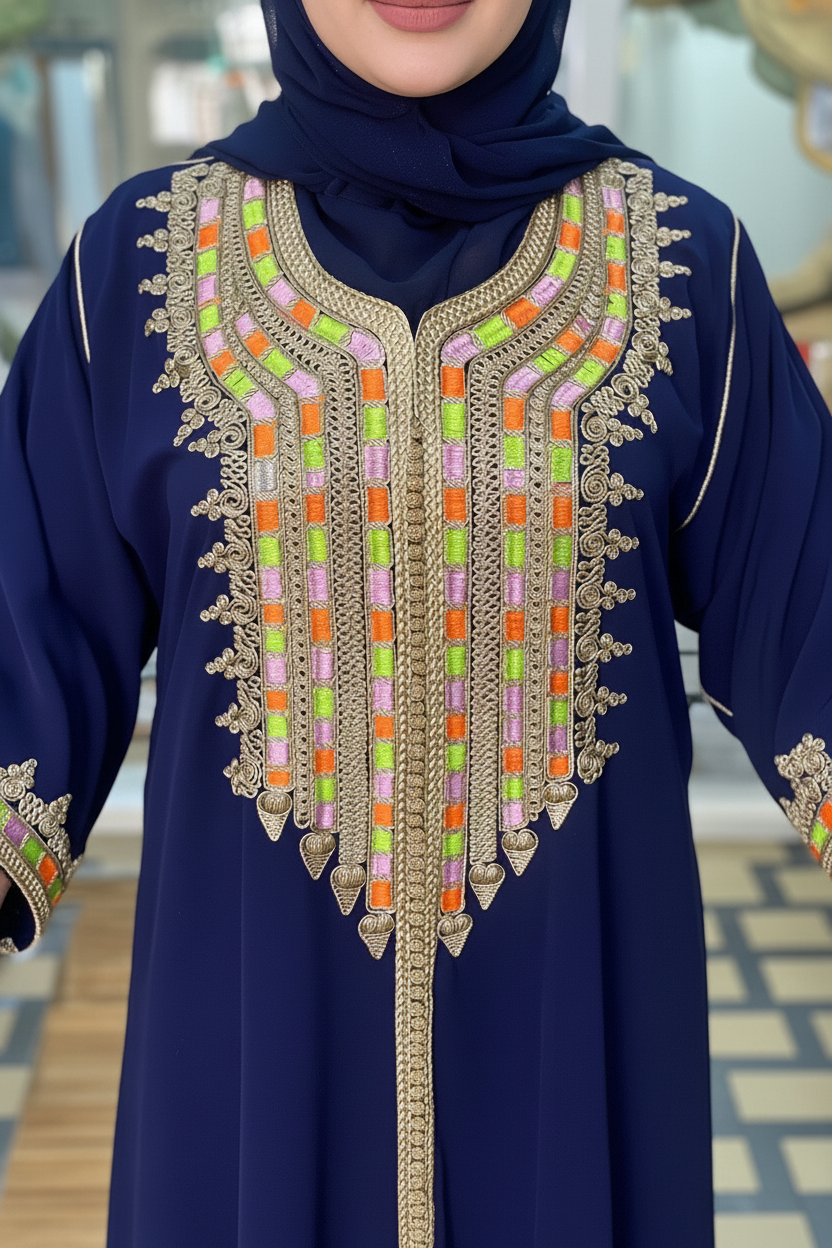 Gandoura Femme Bleu Marine – Broderies Multicolores Élégantes