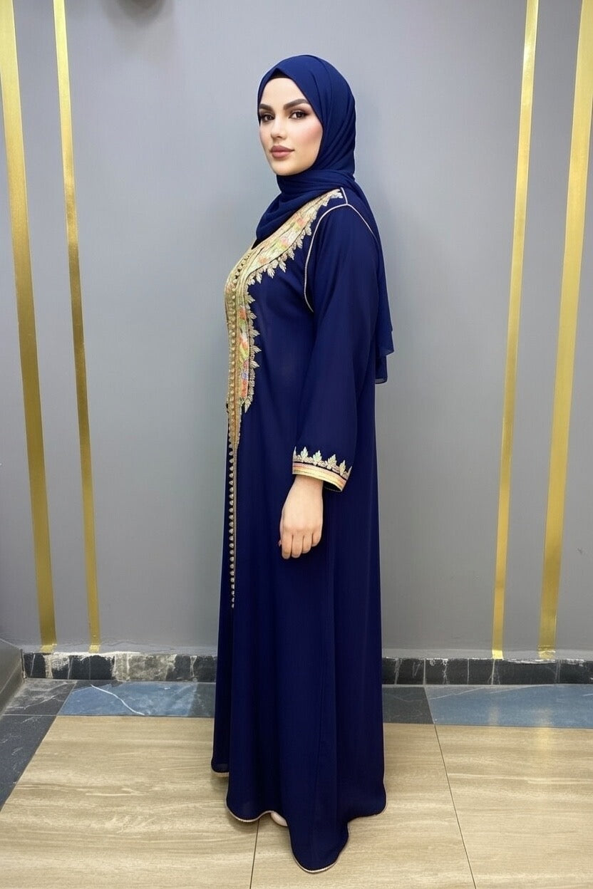 Gandoura Femme Bleu Marine – Broderies Multicolores Élégantes