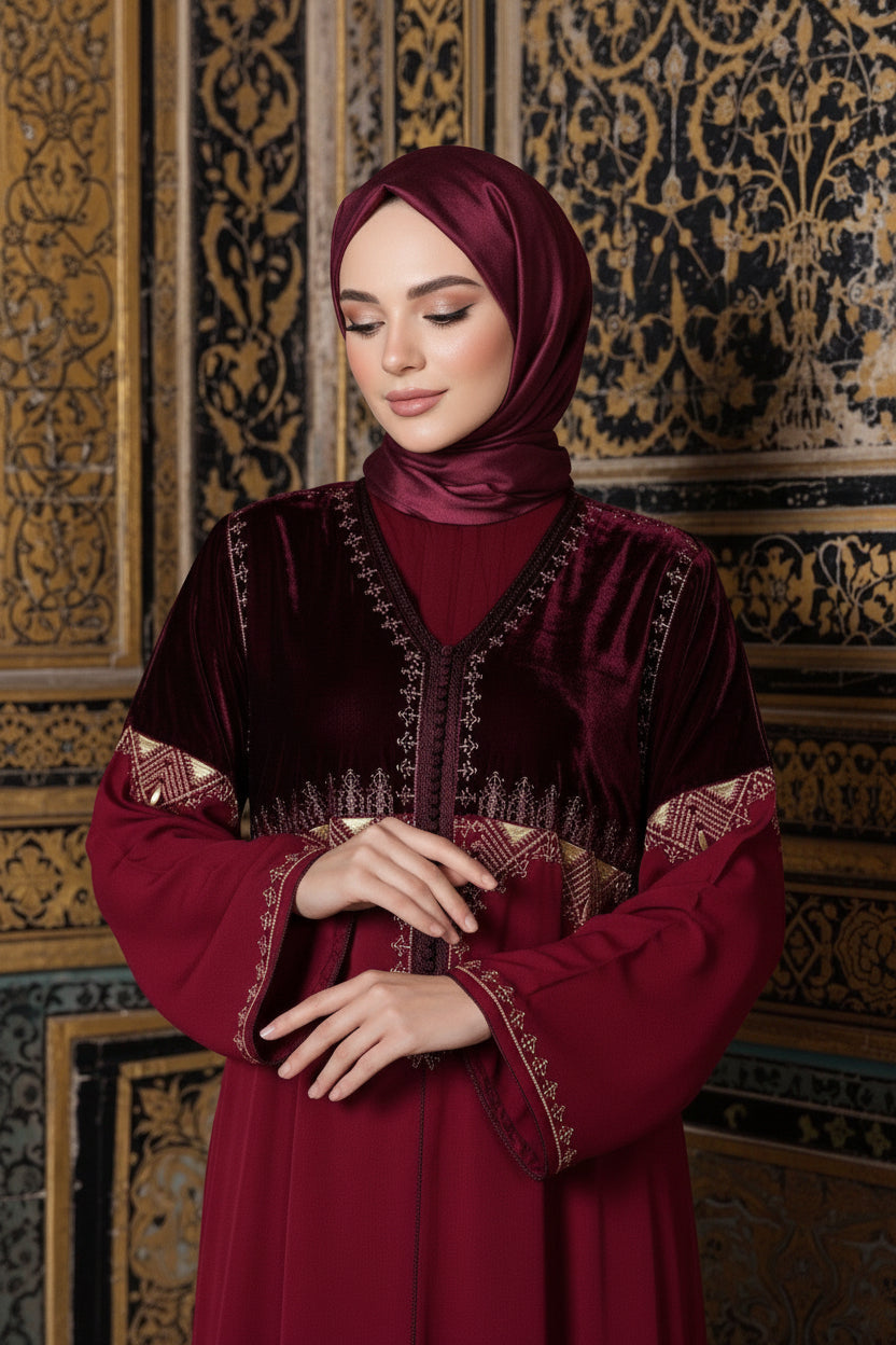 Gandoura Velours Bordeaux Brodée – Élégance Royale