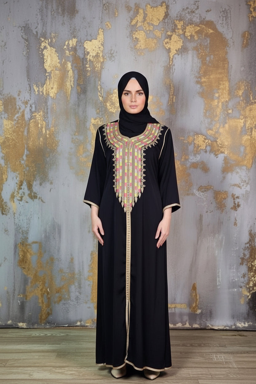 Gandoura noire – Broderies Multicolores Élégantes