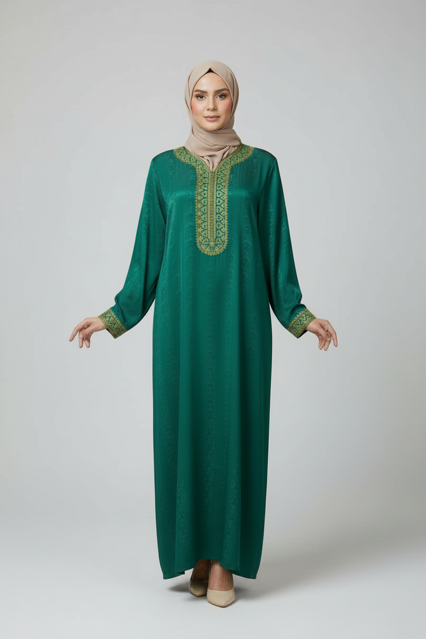 Gandoura verte en tissus Jaouhara à broderie raffinées. ⚠ ça part vite !