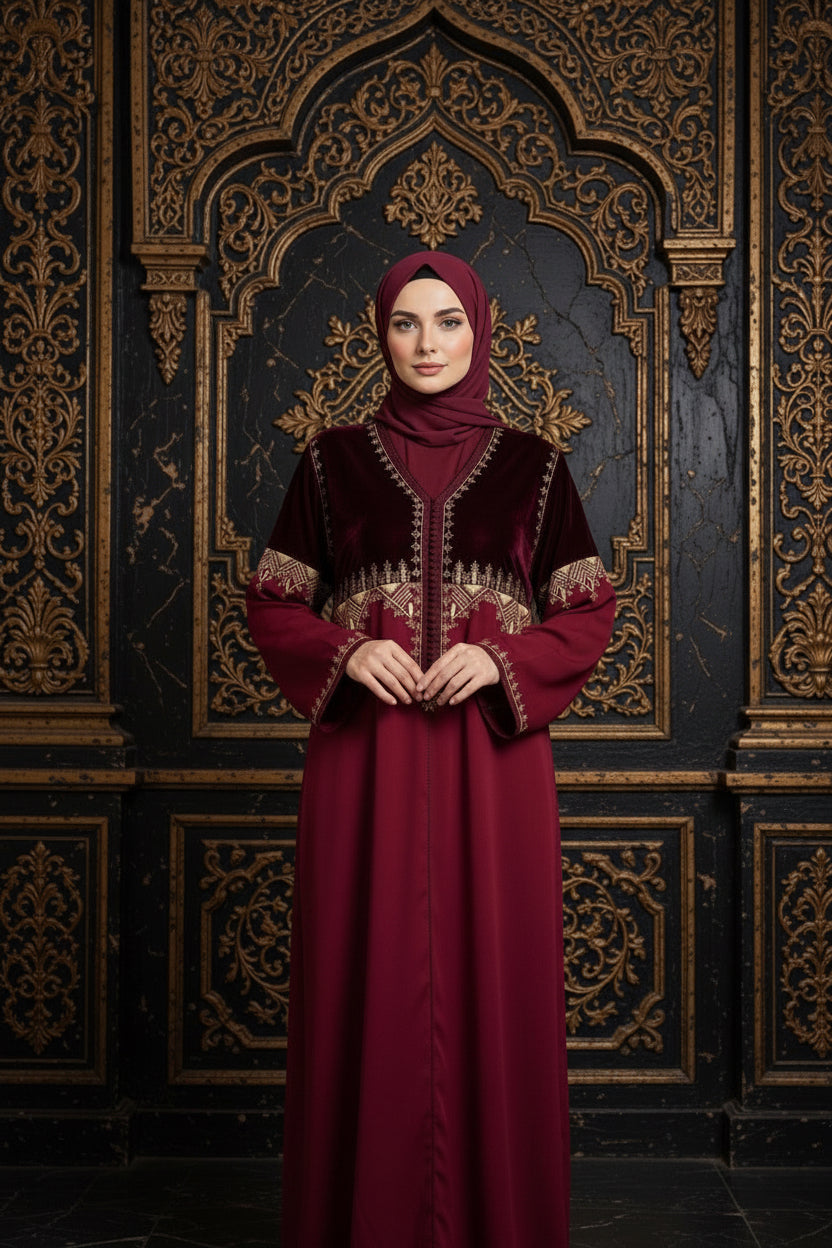Gandoura Velours Bordeaux Brodée – Élégance Royale