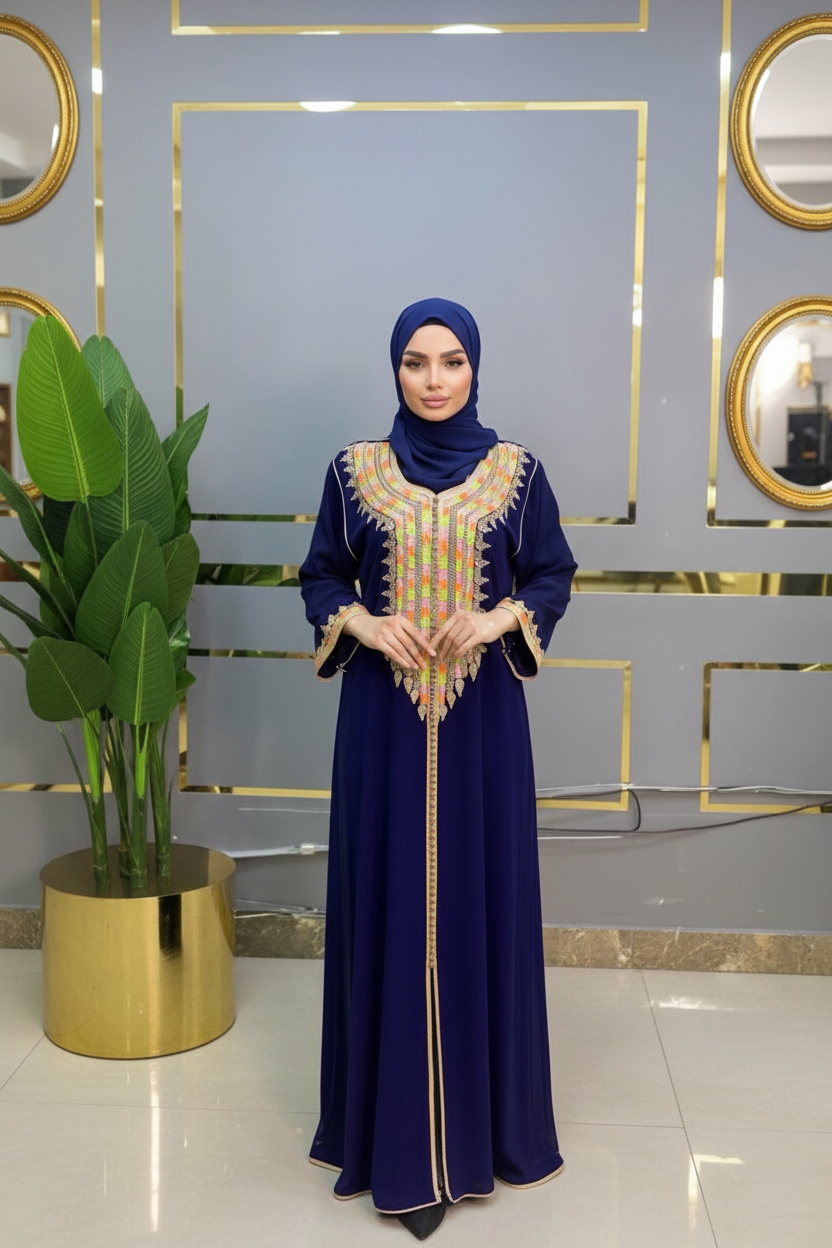 Gandoura Femme Bleu Marine – Broderies Multicolores Élégantes