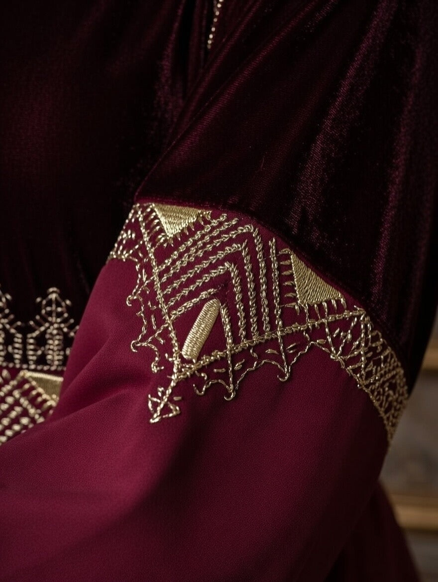 Gandoura Velours Bordeaux Brodée – Élégance Royale
