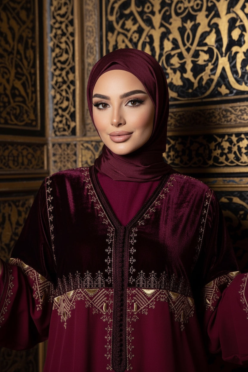 Gandoura Velours Bordeaux Brodée – Élégance Royale