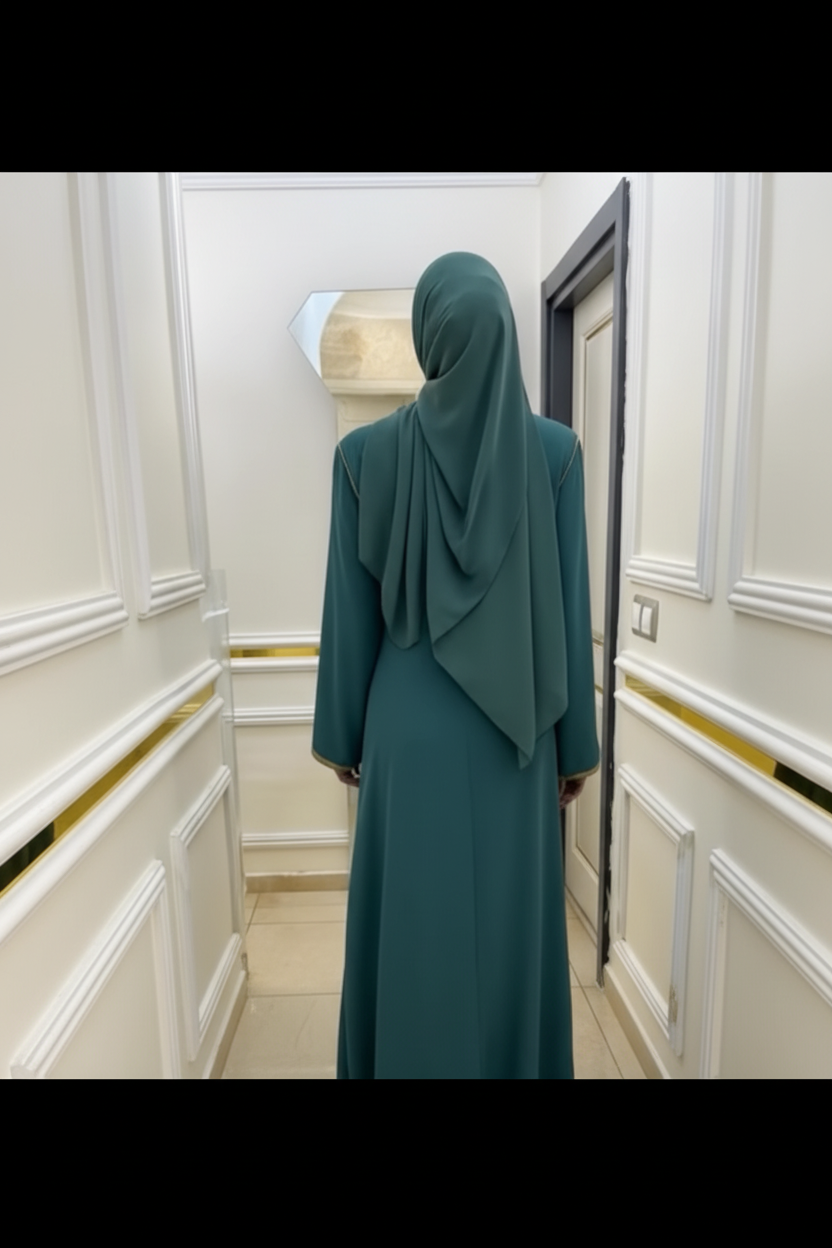 Gandoura longue vert canard à broderie dorée – coupe droite élégante