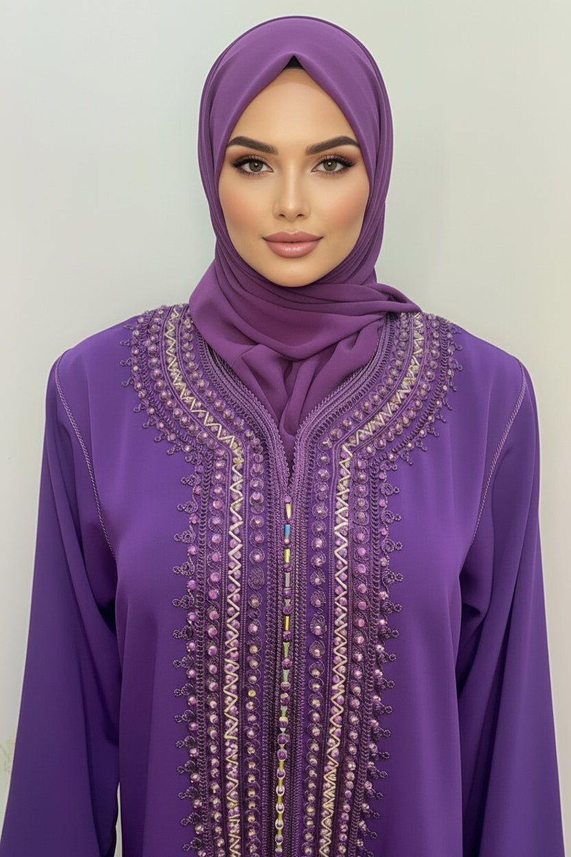 Gandoura Femme Violette Brodée – Coupe Droite Élégante