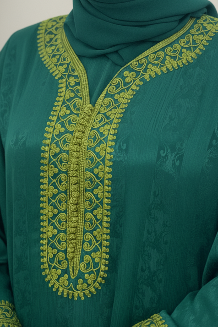 Gandoura verte en tissus Jaouhara à broderie raffinées. ⚠ ça part vite !