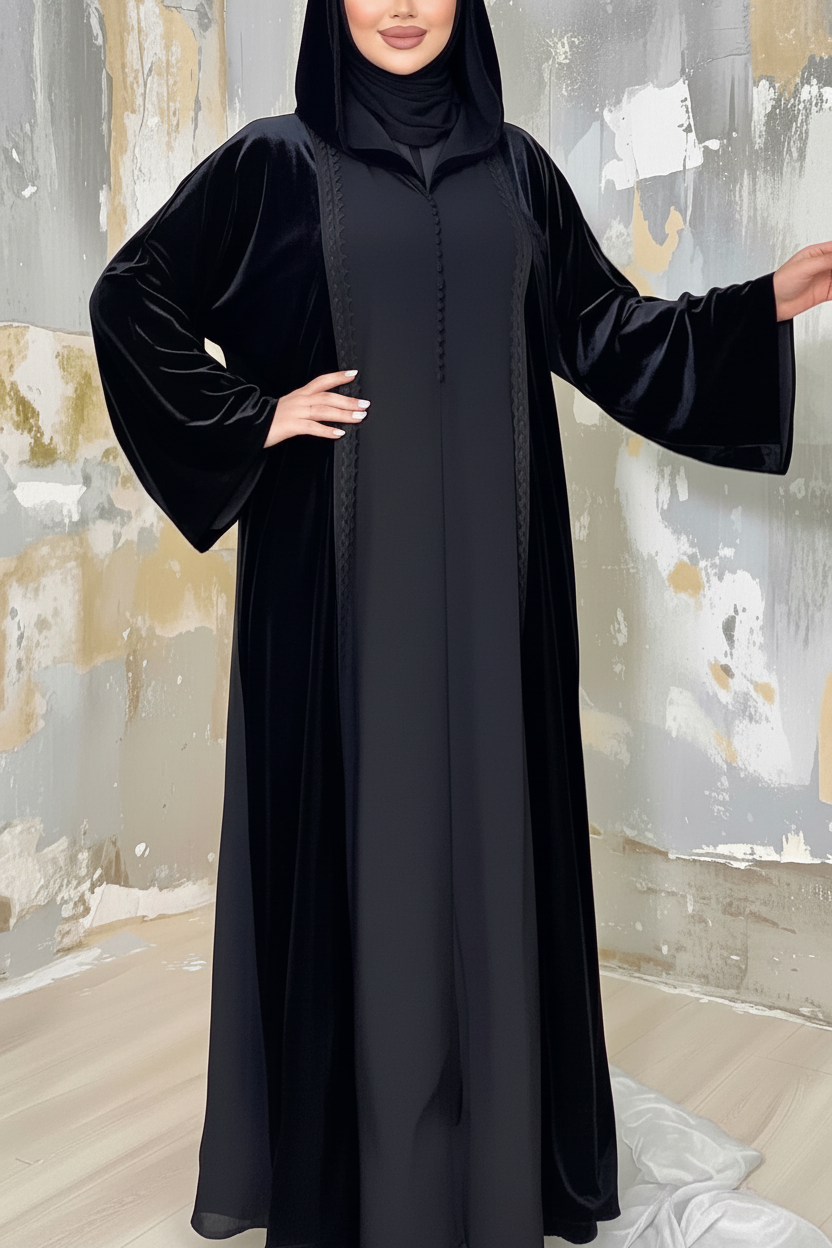 Djellaba noire à capuche en velours – bandes décoratives en velours sur le devant des côtés.