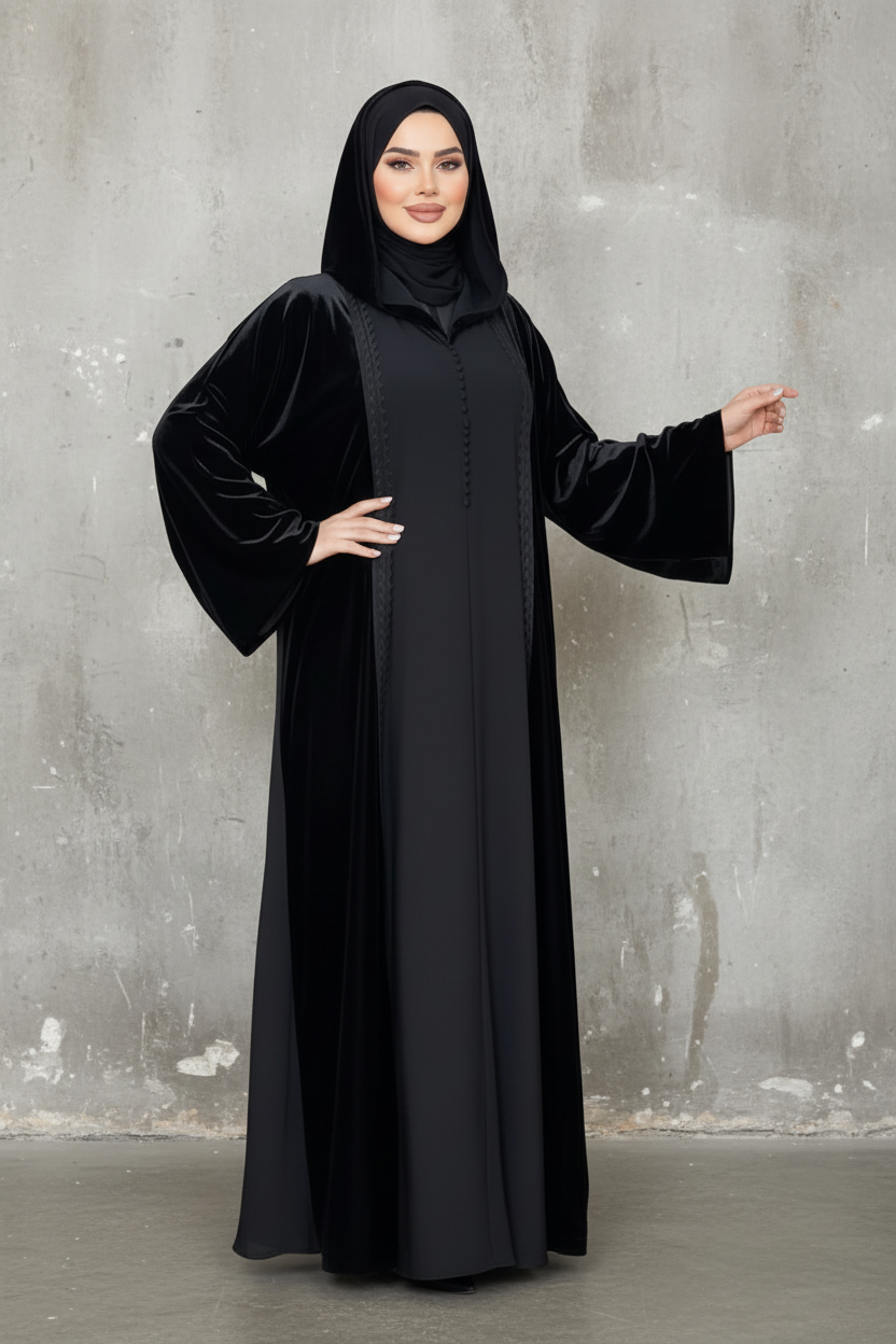 Djellaba noire à capuche en velours – bandes décoratives en velours sur le devant des côtés.