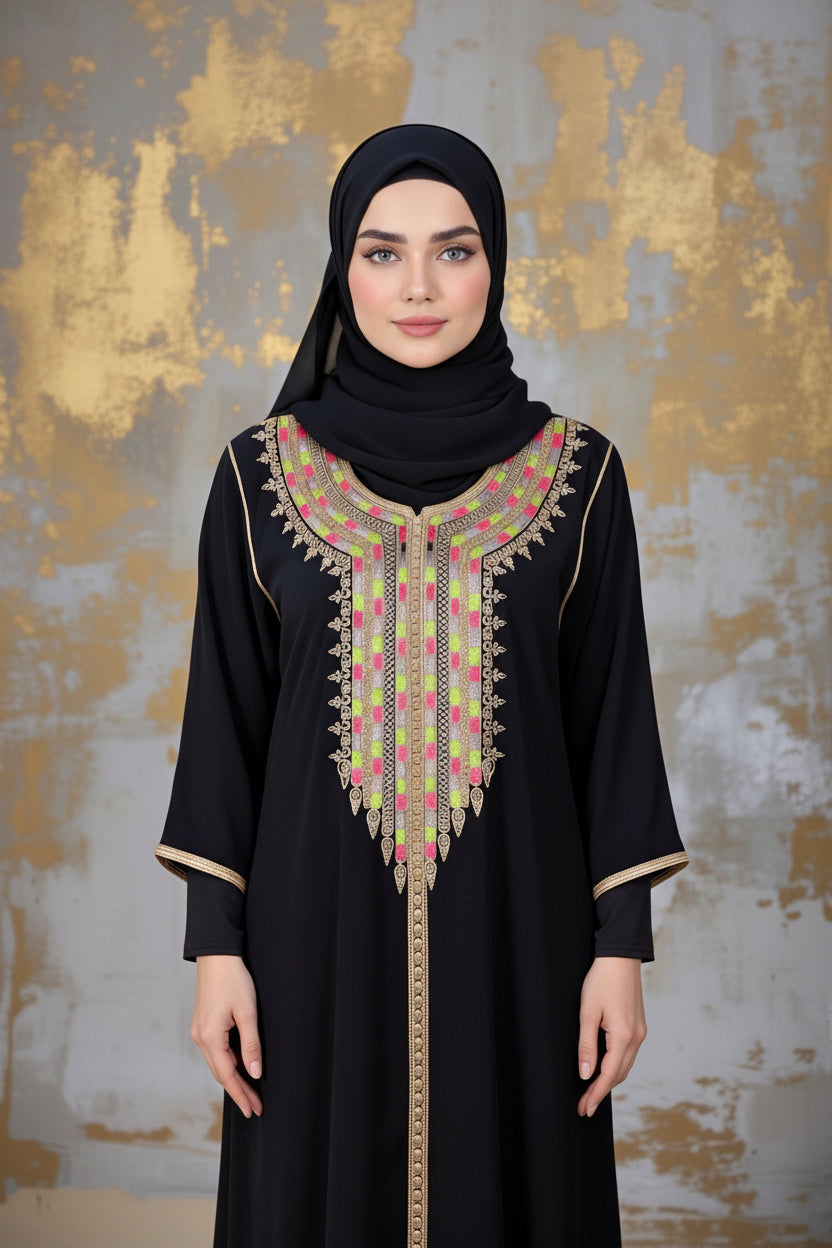 Gandoura noire – Broderies Multicolores Élégantes