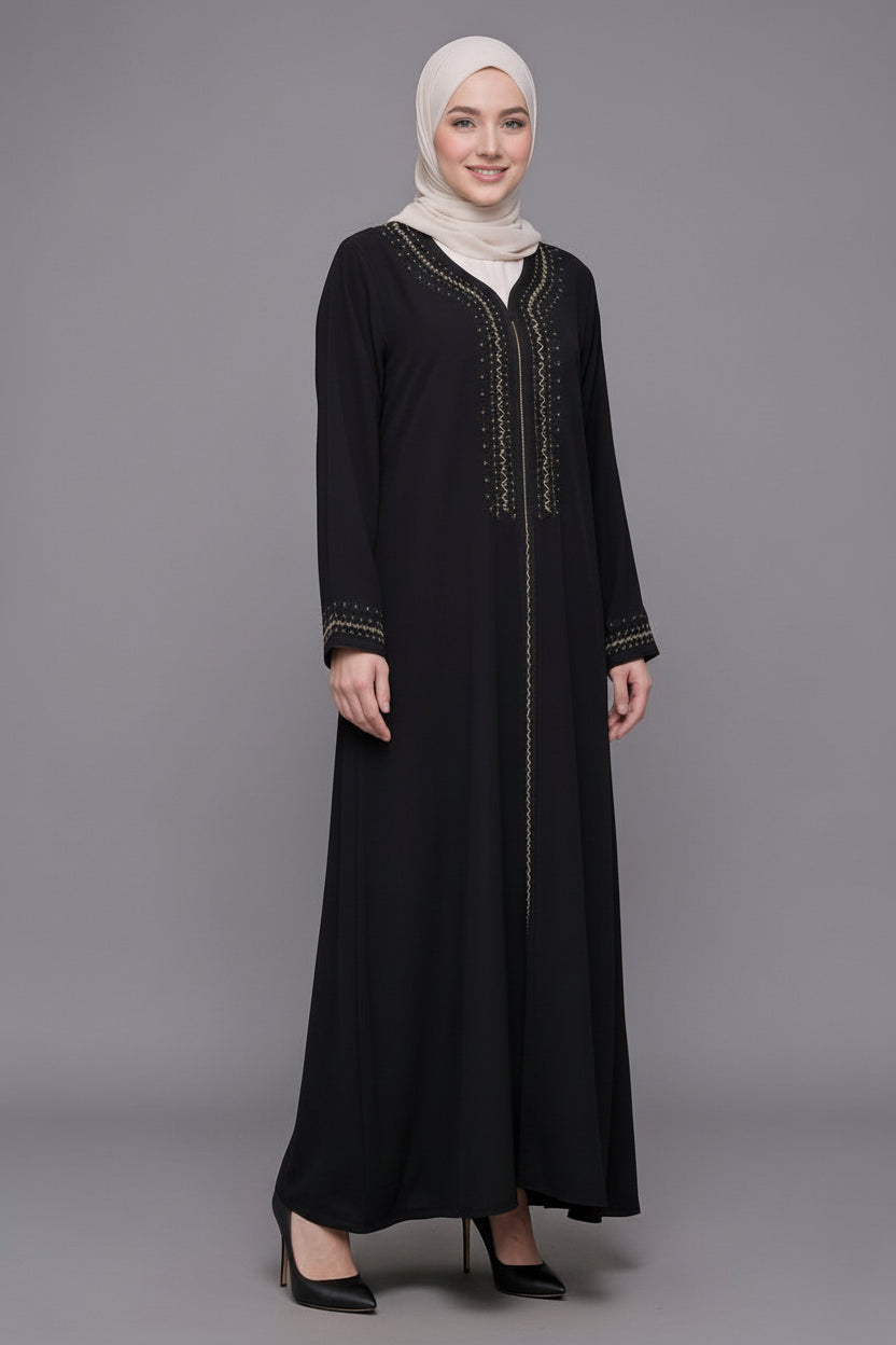 Gandoura Noire Premium – Broderies Dorées & Finitions Perlées