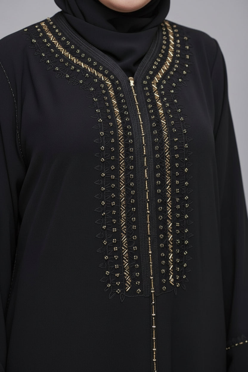 Gandoura Noire Premium – Broderies Dorées & Finitions Perlées