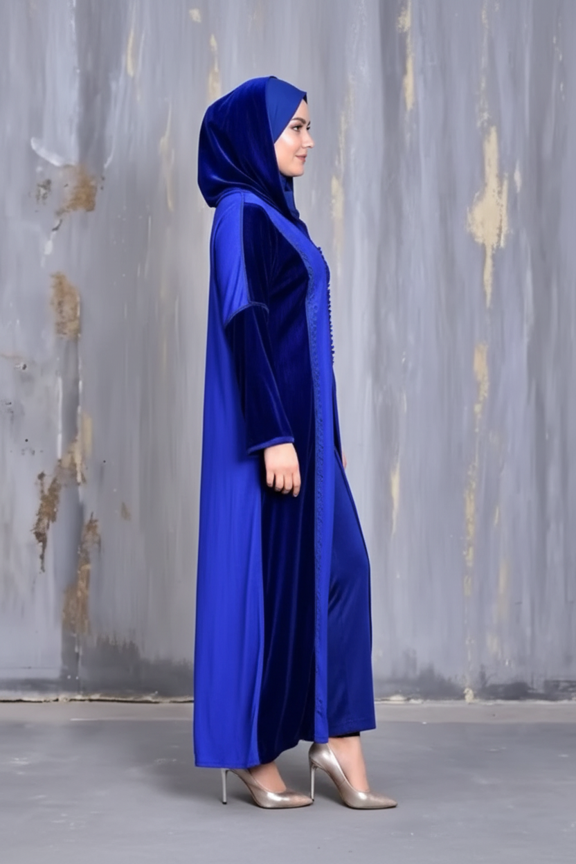 Djellaba Femme Bleu Royal – Crêpe & Velours avec Capuche