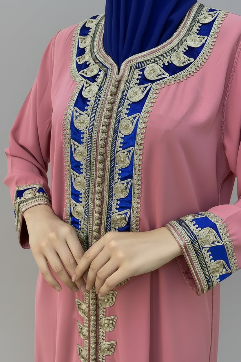 Robe traditionnelle brodée rose poudré – Coupe fluide élégante