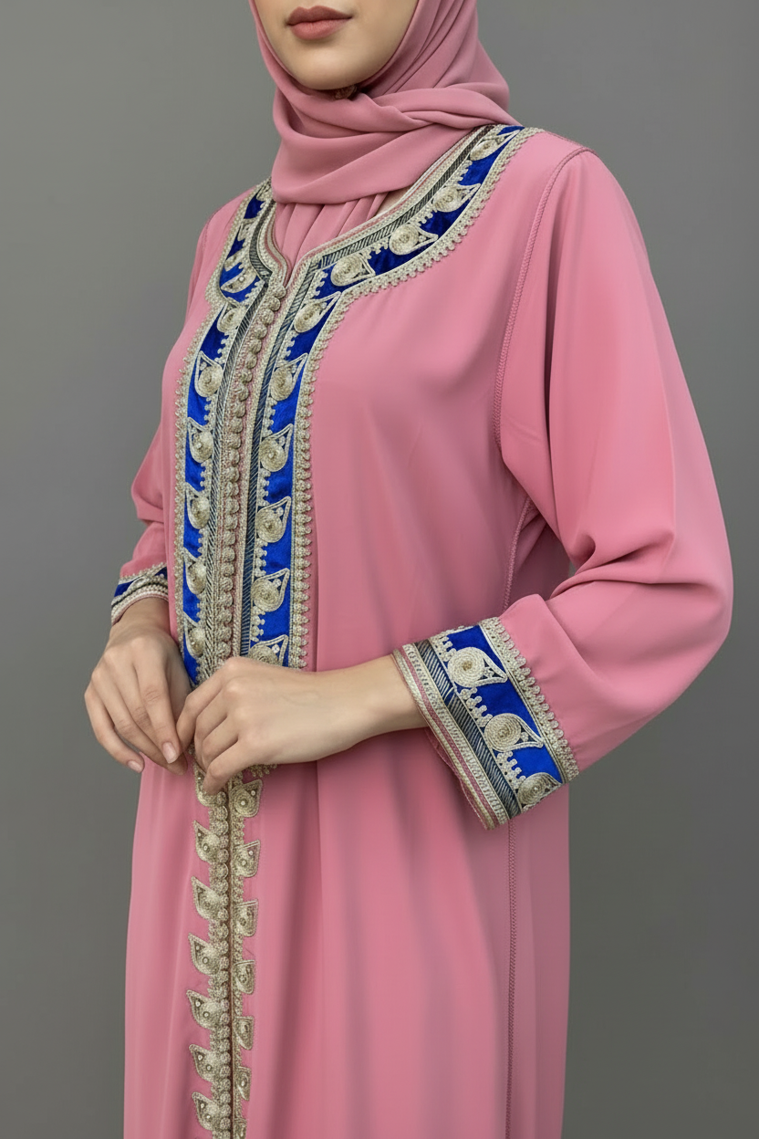 Robe traditionnelle brodée rose poudré – Coupe fluide élégante