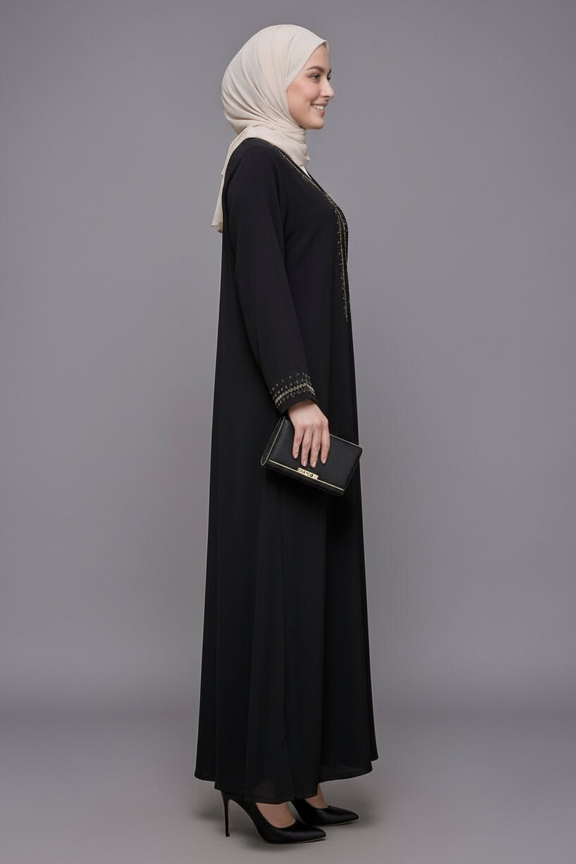 Gandoura Noire Premium – Broderies Dorées & Finitions Perlées