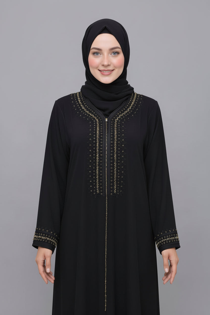 Gandoura Noire Premium – Broderies Dorées & Finitions Perlées