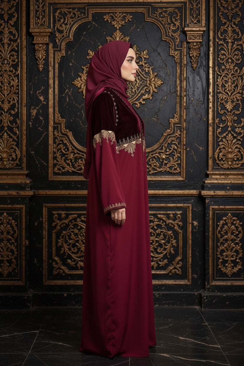 Gandoura Velours Bordeaux Brodée – Élégance Royale