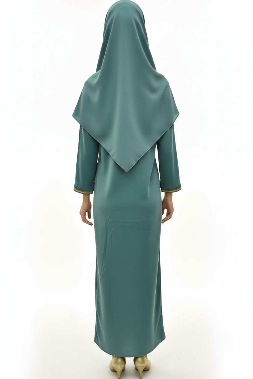 Gandoura longue vert canard à broderie dorée – coupe droite élégante