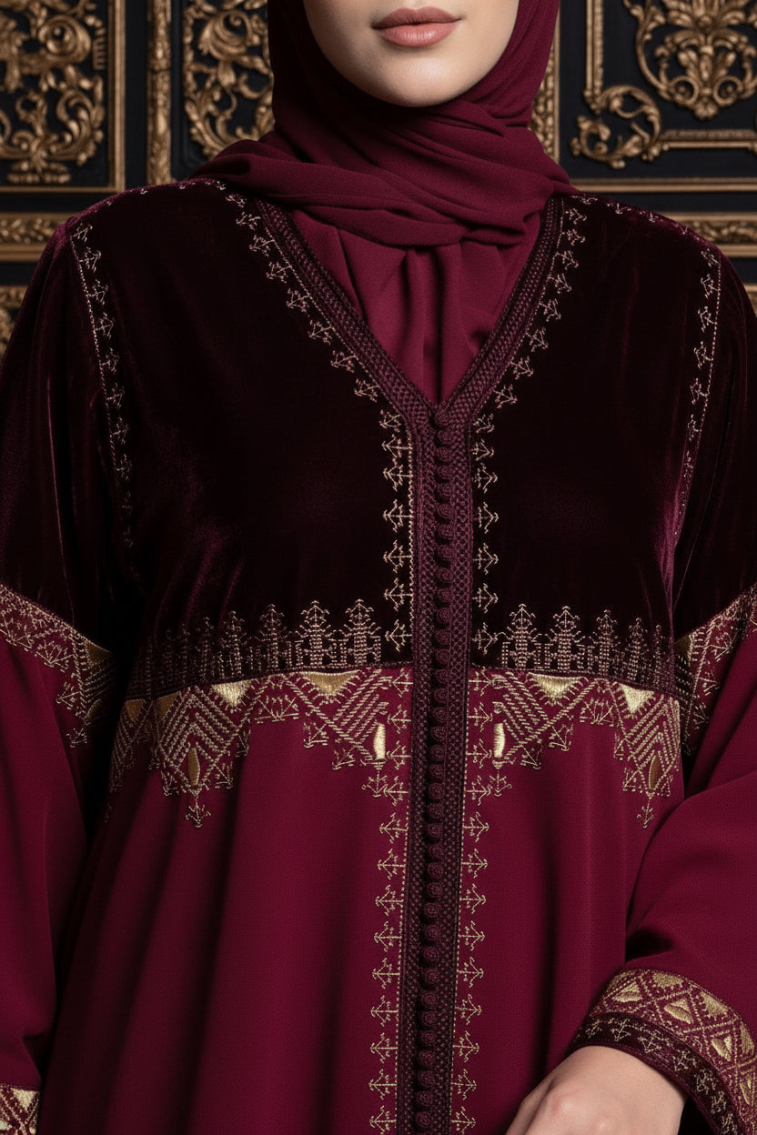 Gandoura Velours Bordeaux Brodée – Élégance Royale