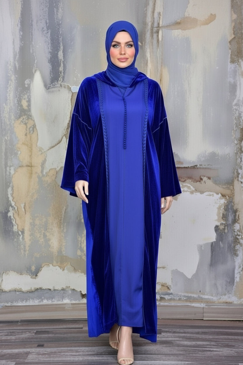 Djellaba Femme Bleu Royal – Crêpe & Velours avec Capuche