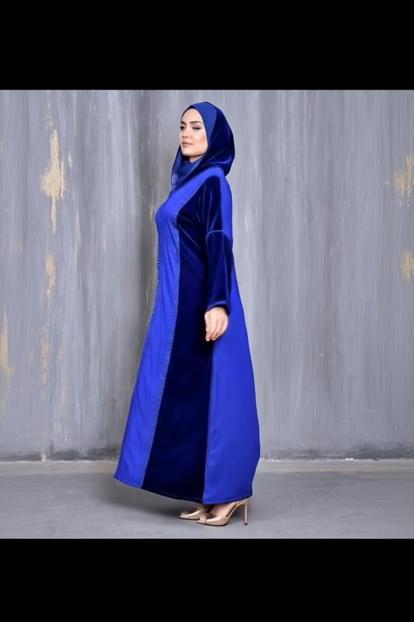 Djellaba Femme Bleu Royal – Crêpe & Velours avec Capuche
