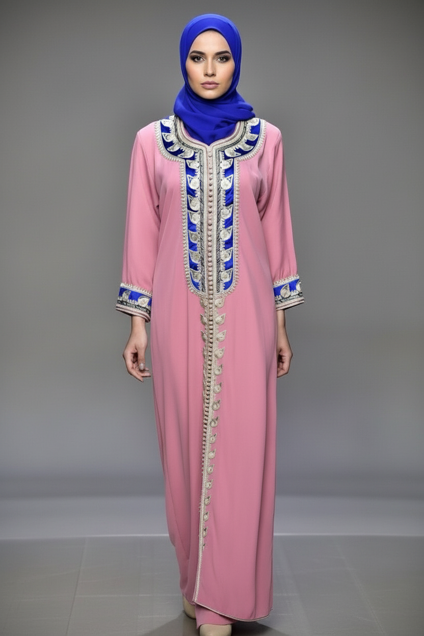 Robe traditionnelle brodée rose poudré – Coupe fluide élégante