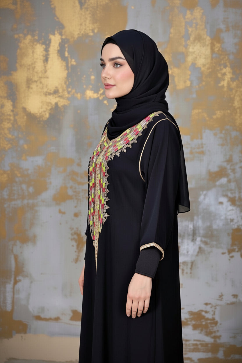 Gandoura noire – Broderies Multicolores Élégantes