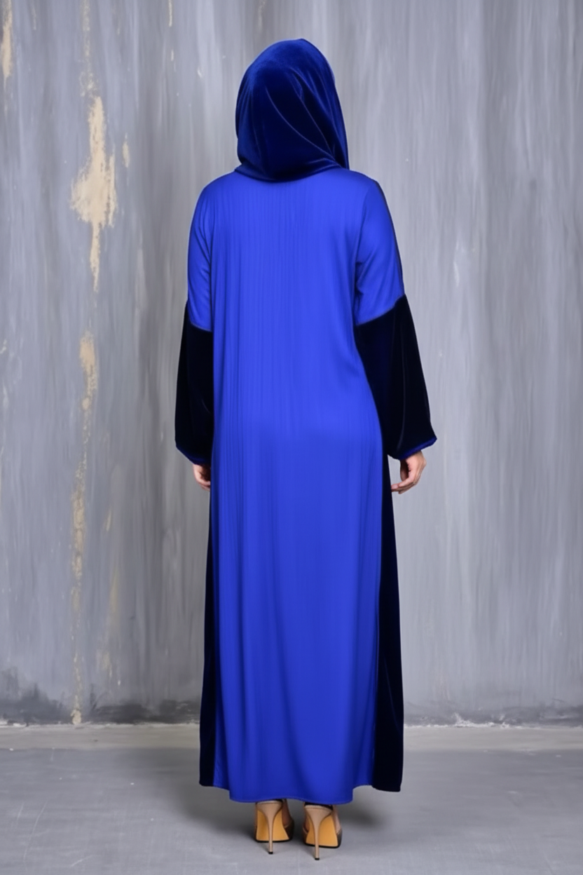 Djellaba Femme Bleu Royal – Crêpe & Velours avec Capuche