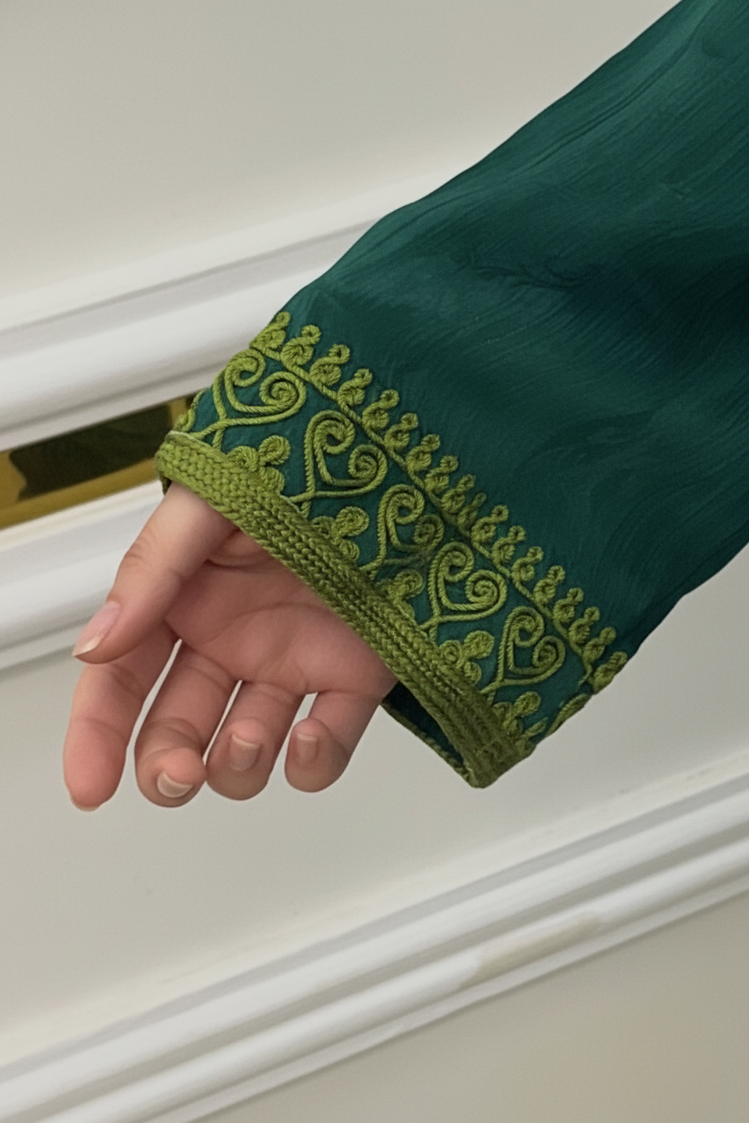 Gandoura verte en tissus Jaouhara à broderie raffinées. ⚠ ça part vite !