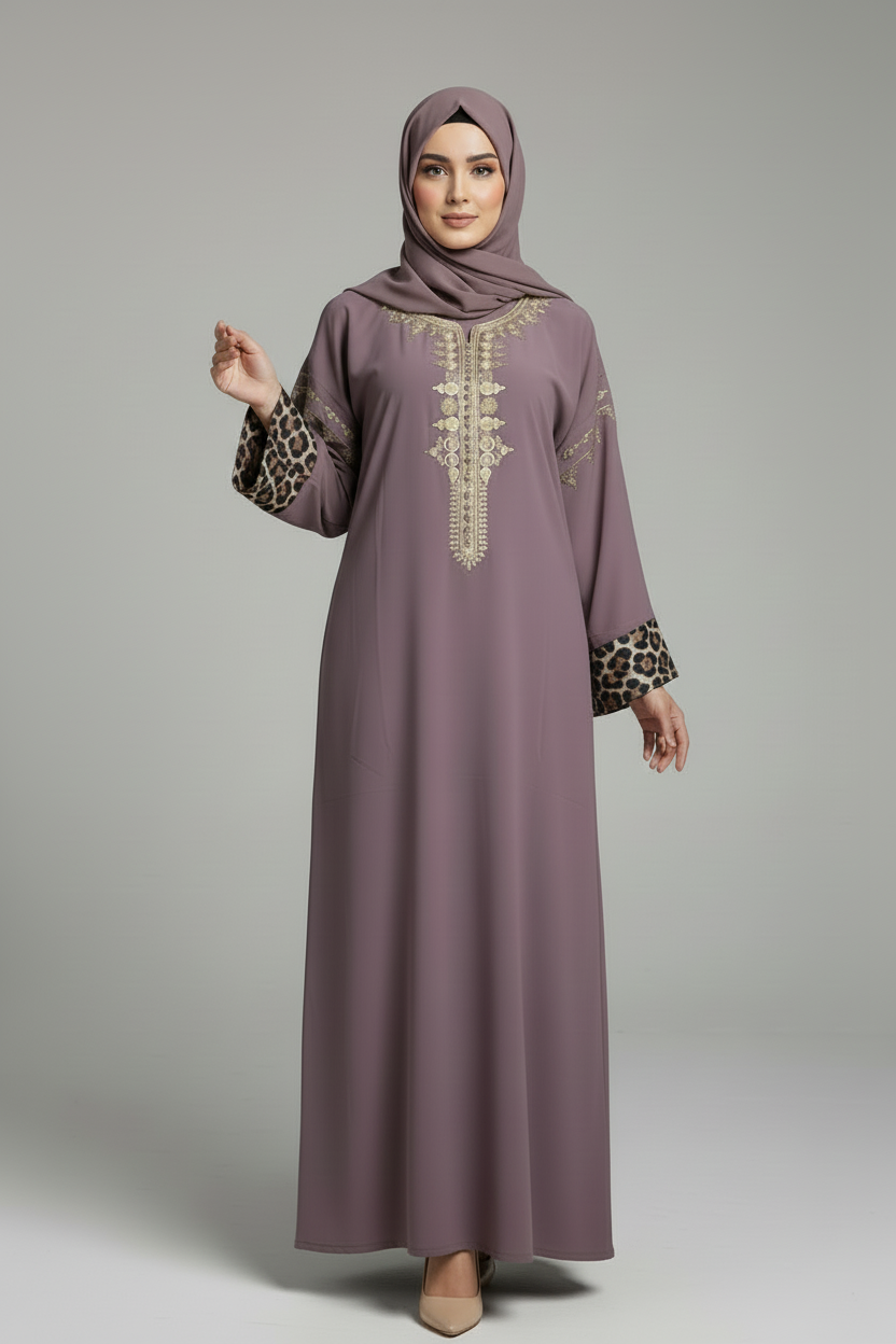 Robe longue mauve brodée – manches longues contrastées