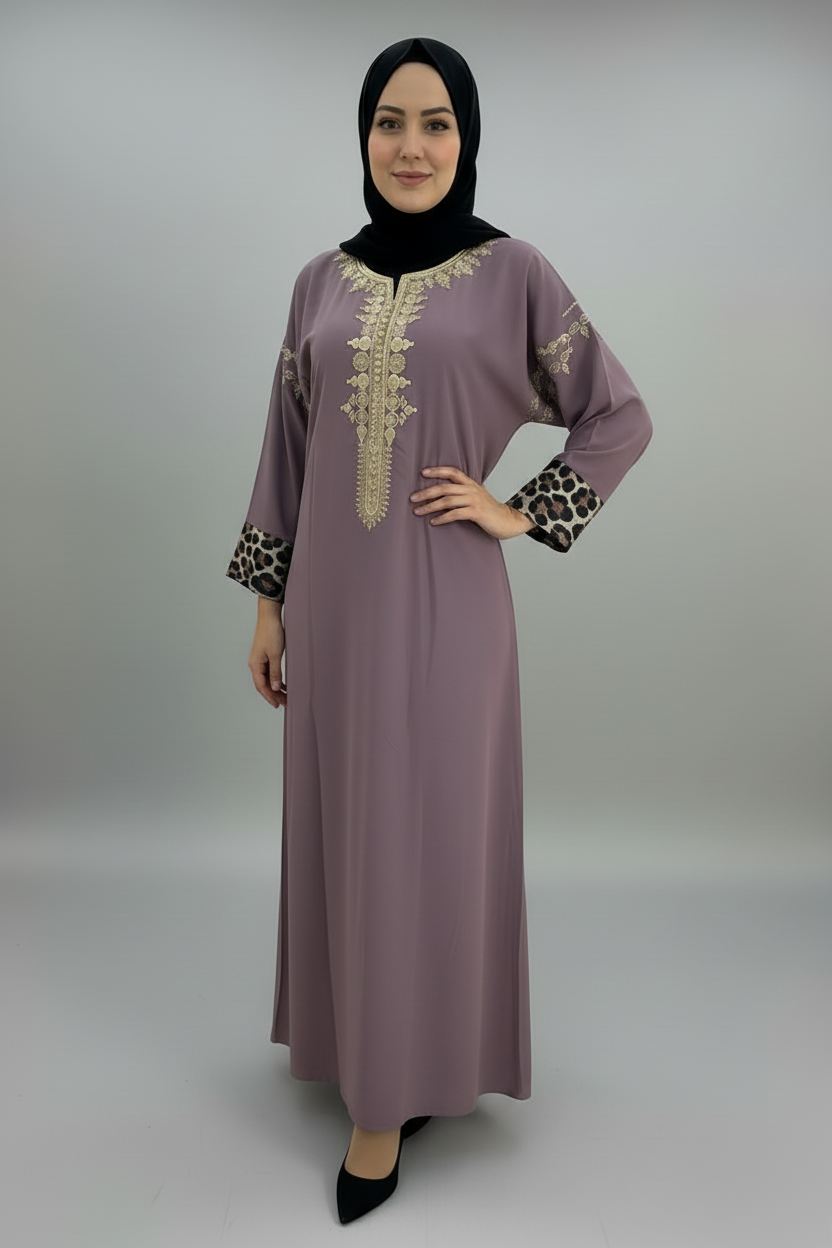 Robe longue mauve brodée – manches longues contrastées