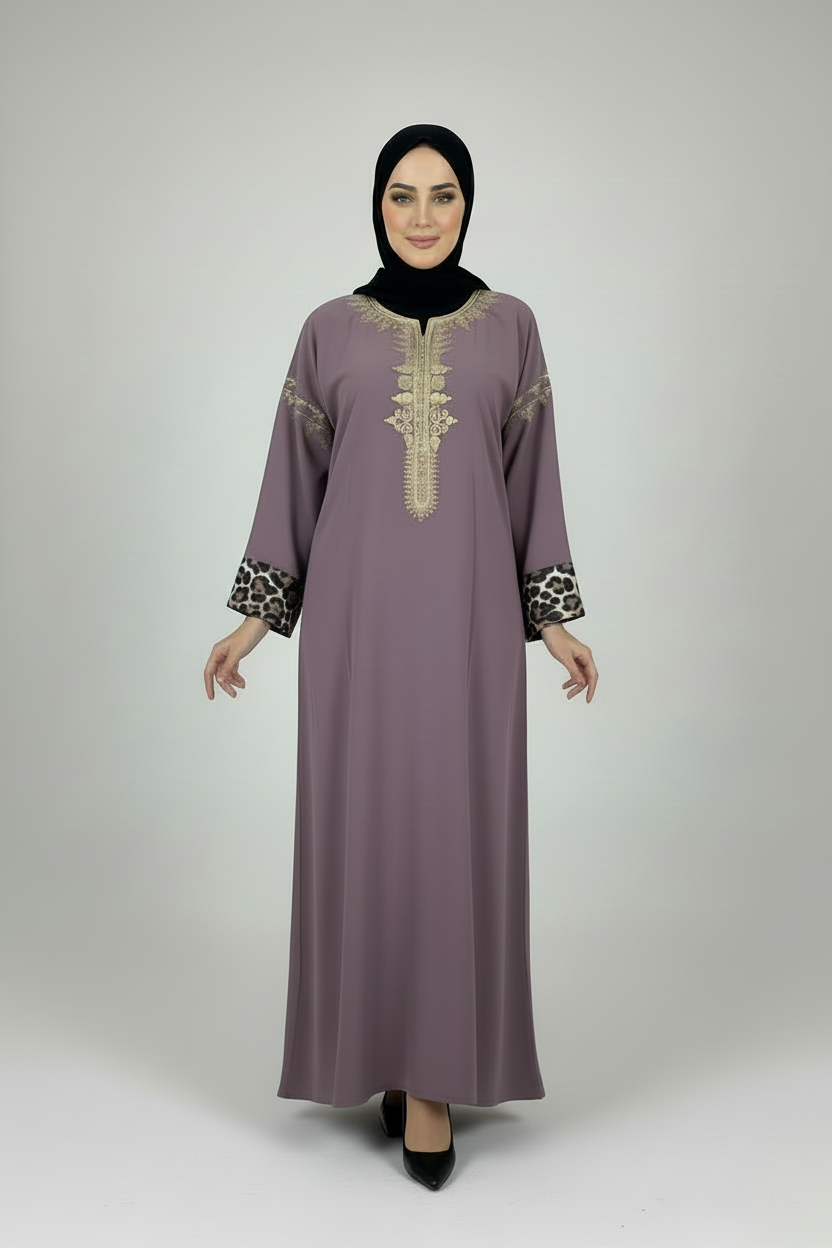 Robe longue mauve brodée – manches longues contrastées