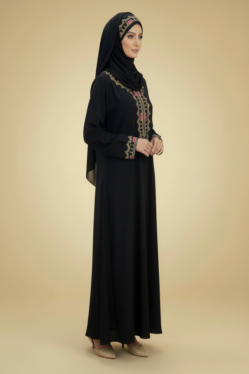 Gandora noire dorée à manches longues – broderies dorées et roses