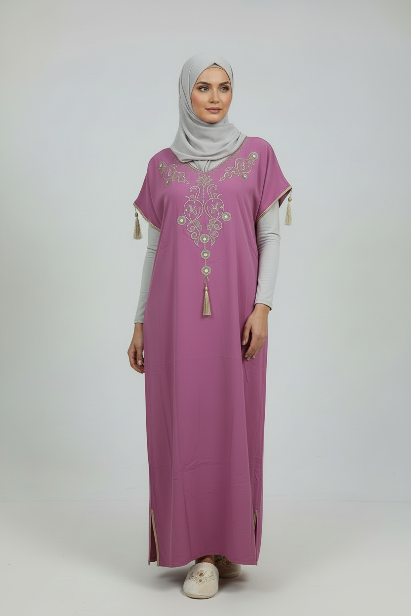 Gandoura rose dorée manche courte Robe d’intérieur– Coupe droite confortable.