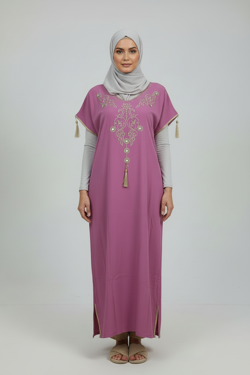 Gandoura rose dorée manche courte Robe d’intérieur– Coupe droite confortable.