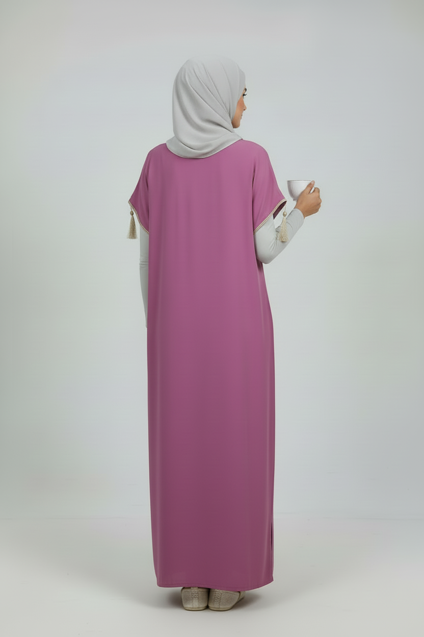 Gandoura rose dorée manche courte Robe d’intérieur– Coupe droite confortable.