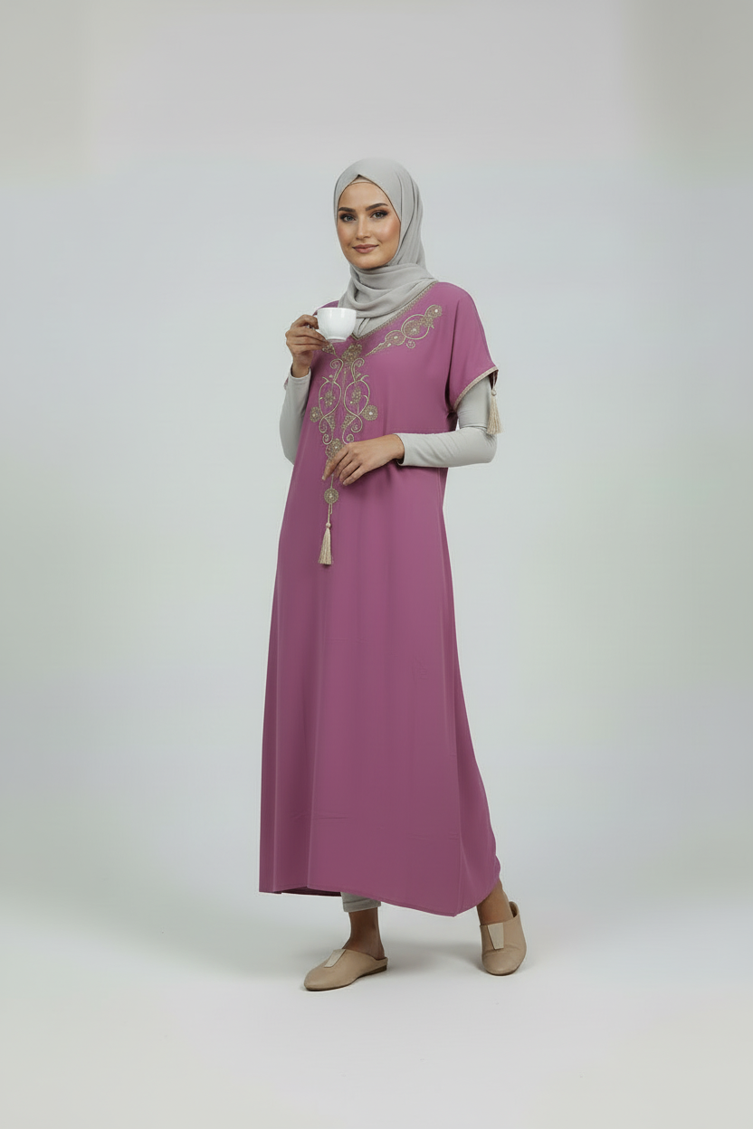 Gandoura rose dorée manche courte Robe d’intérieur– Coupe droite confortable.