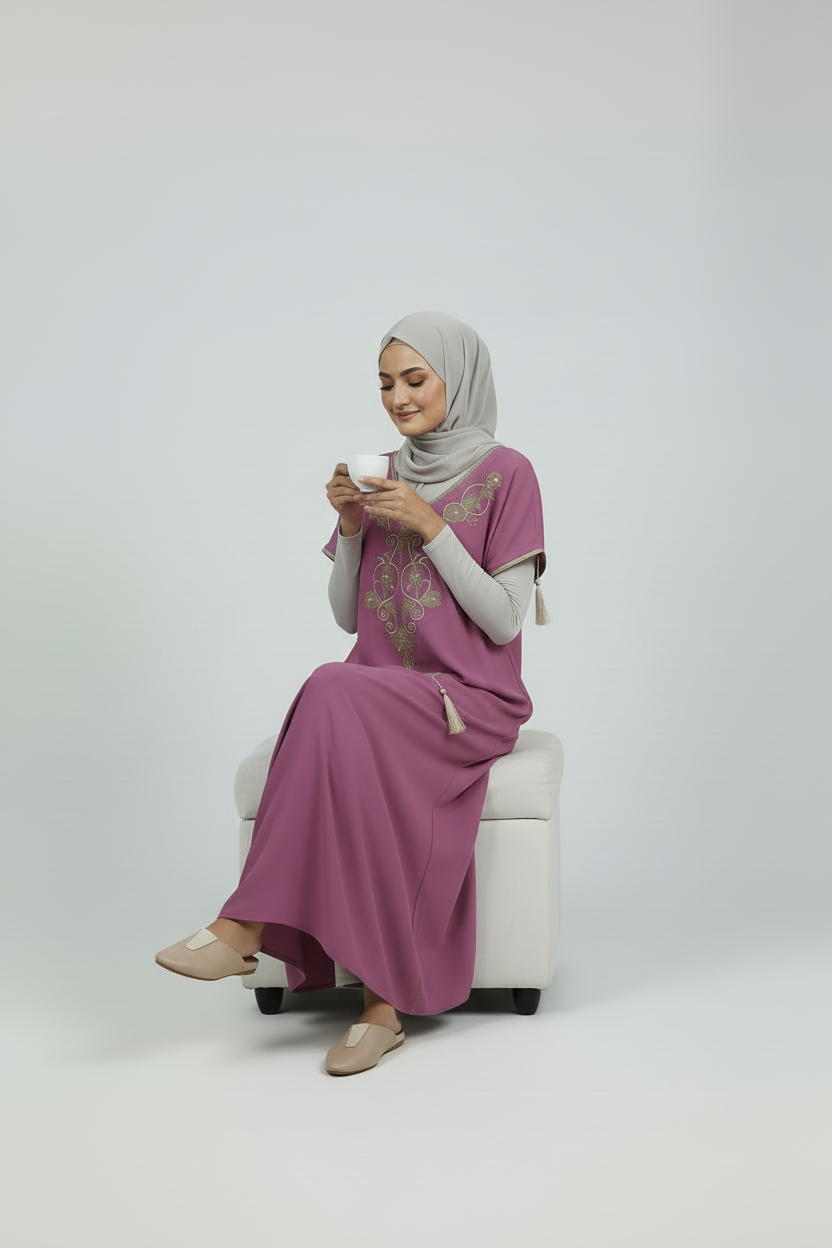 Gandoura rose dorée manche courte Robe d’intérieur– Coupe droite confortable.